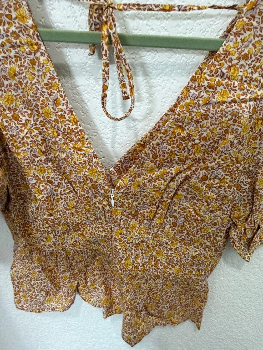J. Crew Mustard Floral Puff-Sleeve V-Neck Crop Top
